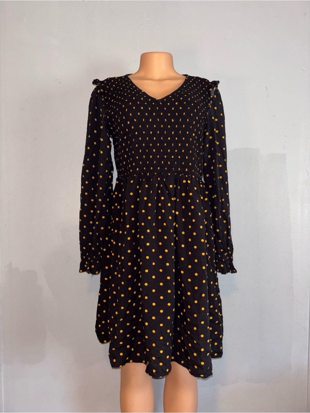 beachlunchlounge Black V-Neck Smocked Dress with Yellow Polka Dots